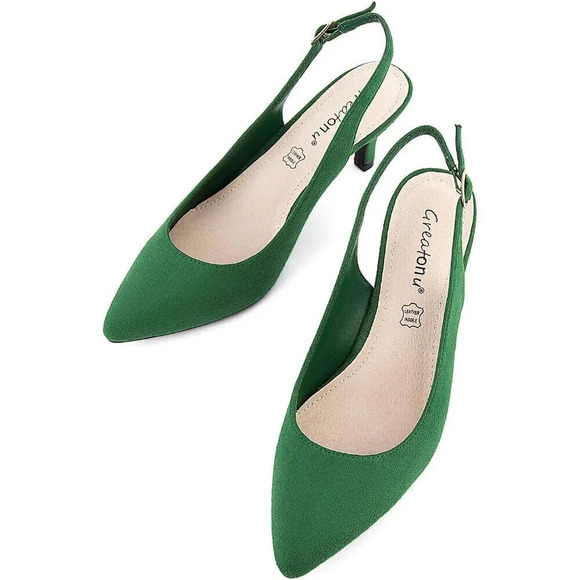 Women’s Green Low Heel Pump Closed Pointed Toe Kitten Wedding Party Dress Shoes - Picture 3 of 6